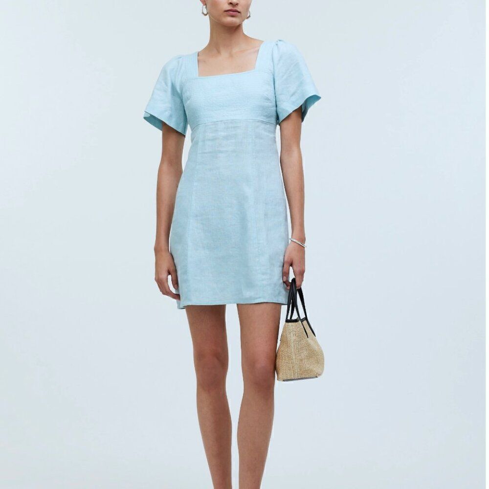 Madewell Blue Heron Linen Square-Neck Mini Dress Nwt